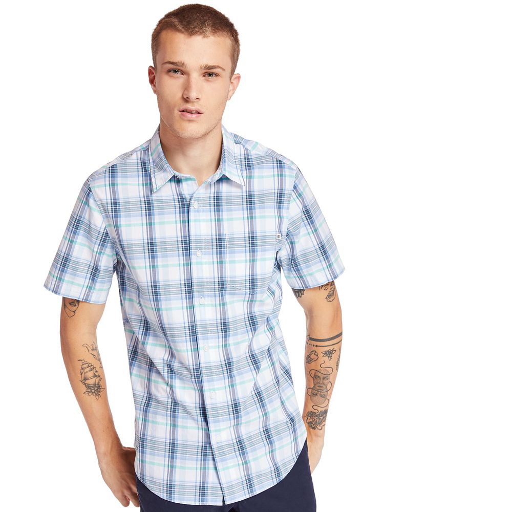 Camisa Timberland Argentina Hombre - Short-Sleeve Indian River Madras - Azules/Blancas - ZXVKGI-061